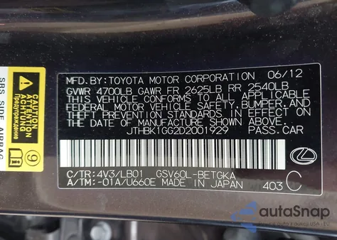 2013 Lexus Es 350 from USA, damaged, VIN JTHBK1GG2D2001929